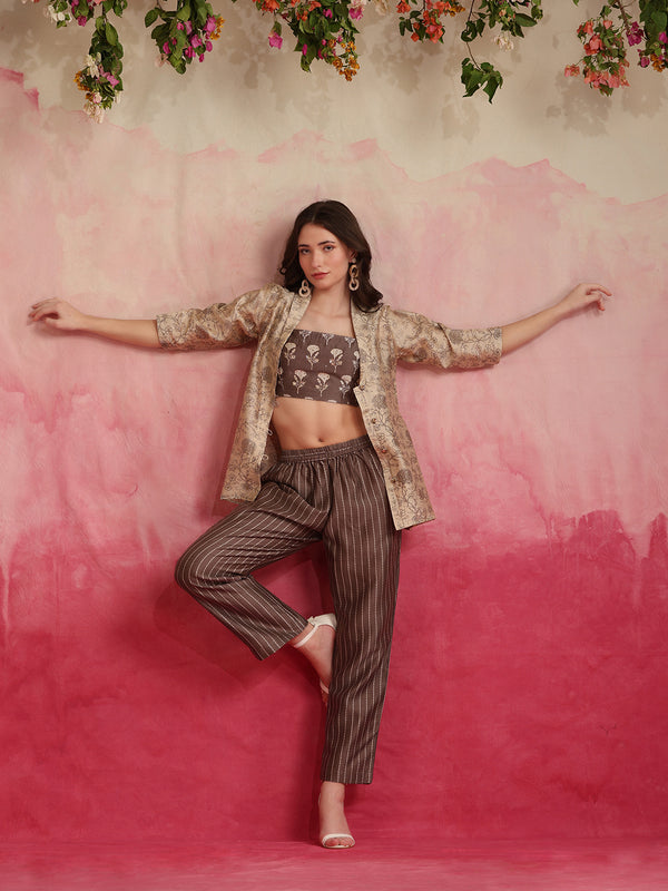 Printed Crop Top & Striped Pant Set with Jacket
