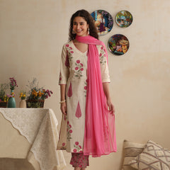 Khushal K Women Floral Printed Regular Pure Off White Cotton Kurta & Palazzo With Dupatta