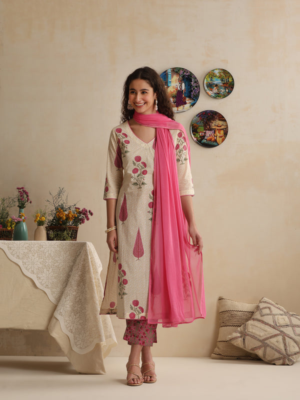 Khushal K Women Floral Printed Regular Pure Off White Cotton Kurta & Palazzo With Dupatta