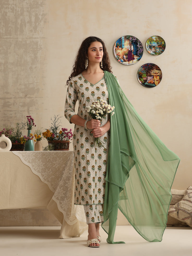 Khushal K Women Floral Printed Regular Pure Cotton Cream Kurta & Palazzo With Dupatta