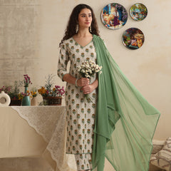 Khushal K Women Floral Printed Regular Pure Cotton Cream Kurta & Palazzo With Dupatta