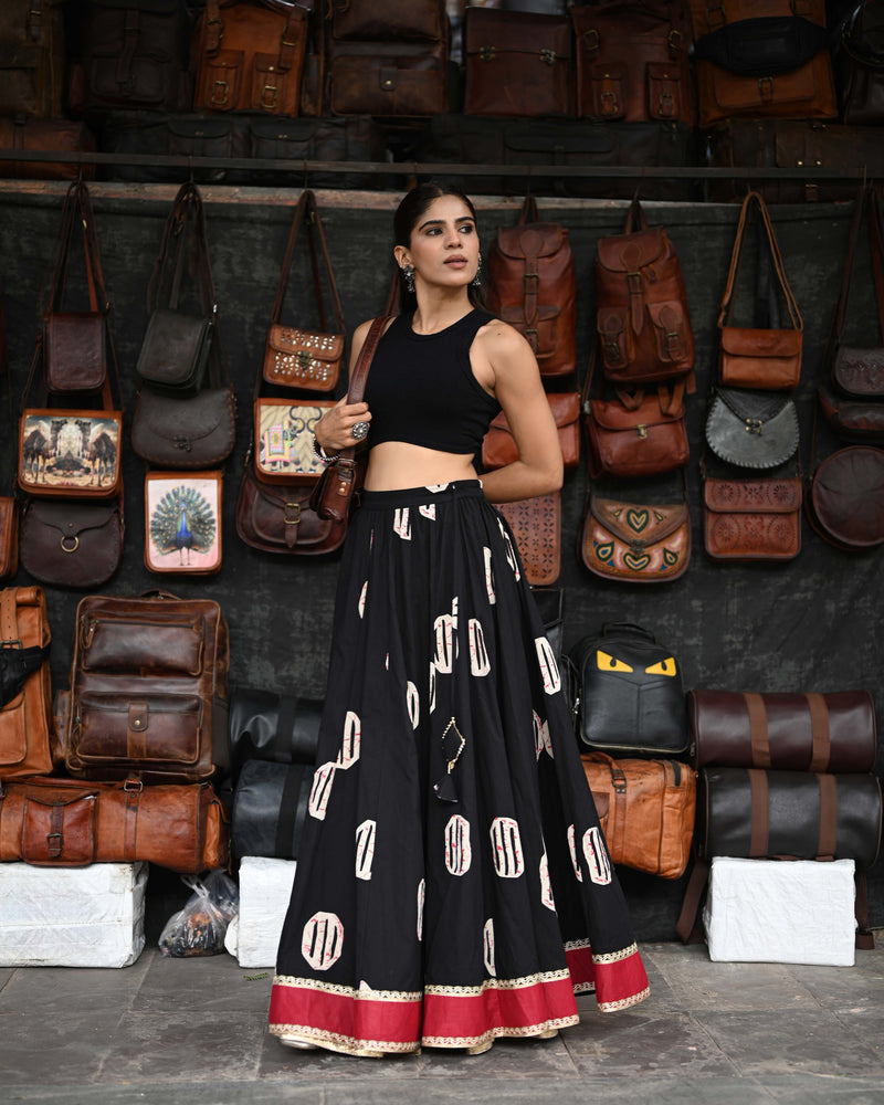 Khushal K Women's Black Printed Cotton Flared Maxi Skirt