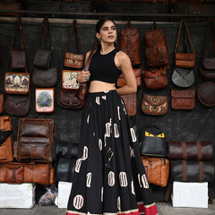 Khushal K Women's Black Printed Cotton Flared Maxi Skirt