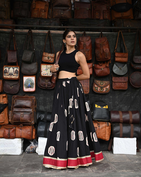 Khushal K Women's Black Printed Cotton Flared Maxi Skirt