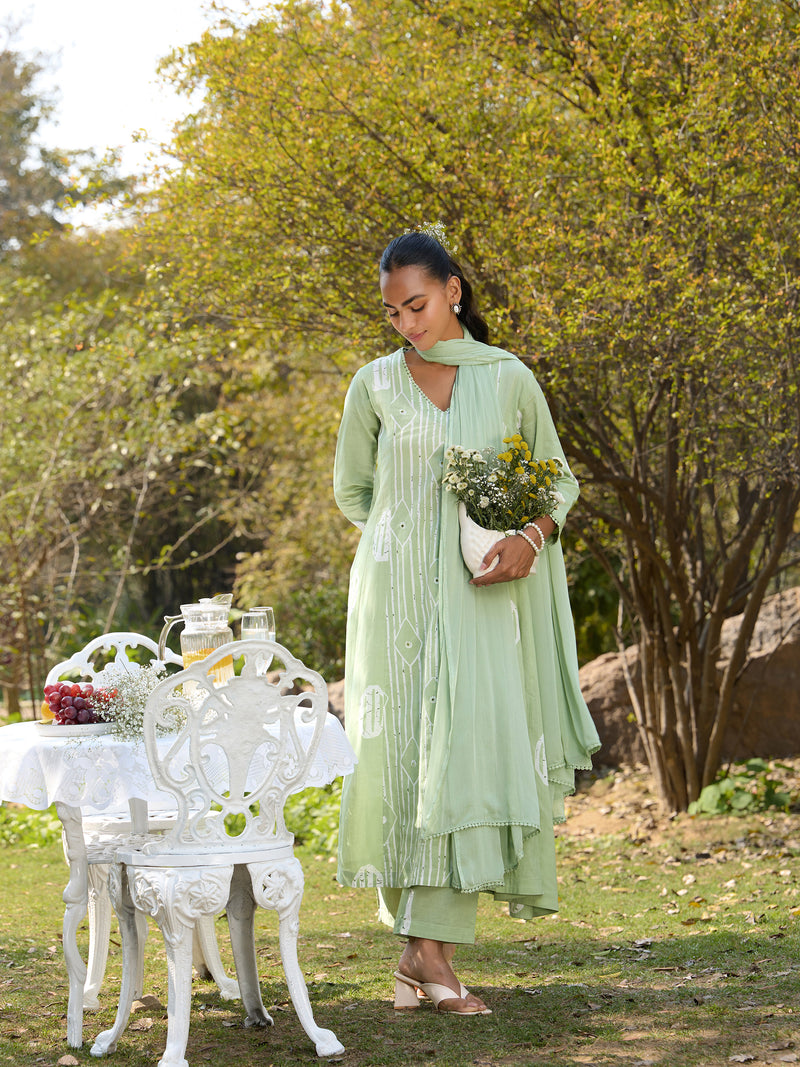 Khushal K Women Printed Regular Pure Cotton green Kurta & Palazzo With Dupatta