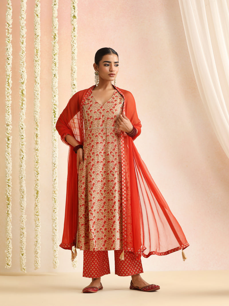 Women Floral Printed V-Neck Kurta with Trousers & Dupatta