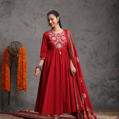 Khushal K Women Cotton Kurta Palazzo Dupatta Set - Maroon