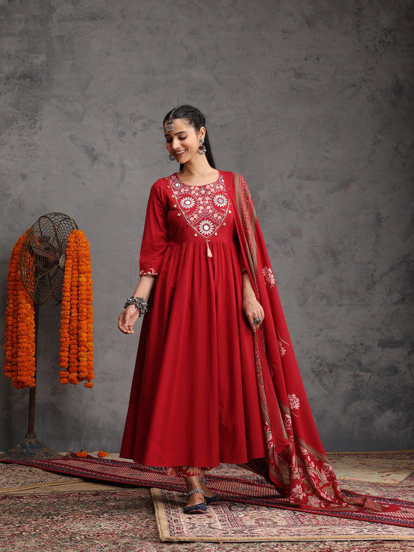 Khushal K Women Cotton Kurta Palazzo Dupatta Set - Maroon