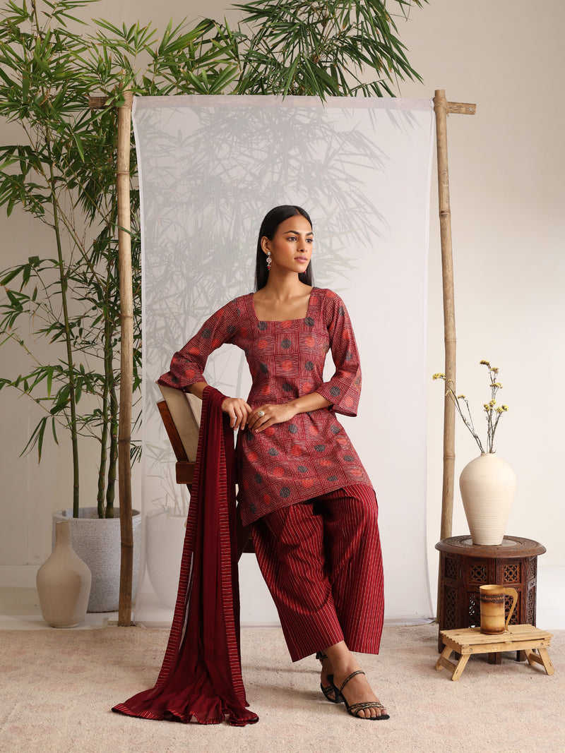Khushal K Women Cotton kurti and Farshi Salwar with dupatta set - Maroon