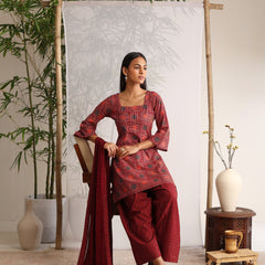 Khushal K Women Cotton kurti and Farshi Salwar with dupatta set - Maroon