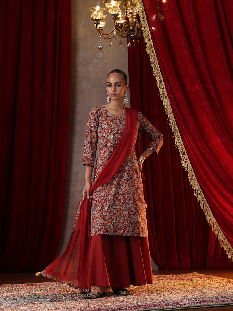 Khushal K Women Cotton kurta and palazzo with dupatta set - Rust