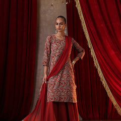 Khushal K Women Cotton kurta and palazzo with dupatta set - Rust