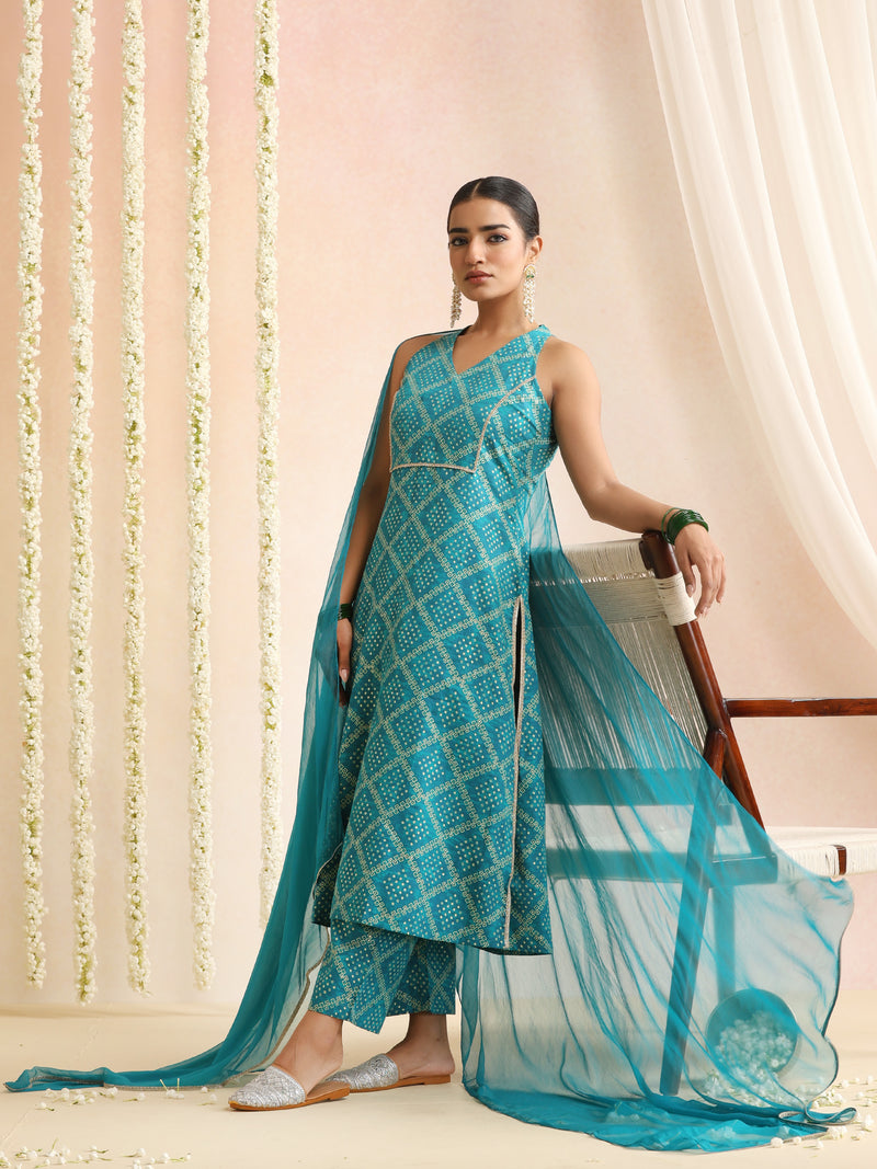 Turquoise & White Bandhani-Style Kurta Set