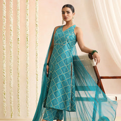 Turquoise & White Bandhani-Style Kurta Set