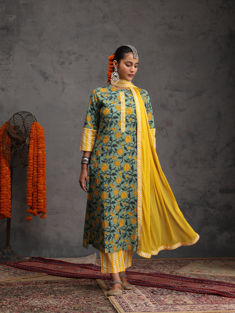 Khushal K Women Cotton Kurta Palazzo Dupatta Set - Green