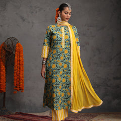 Khushal K Women Cotton Kurta Palazzo Dupatta Set - Green