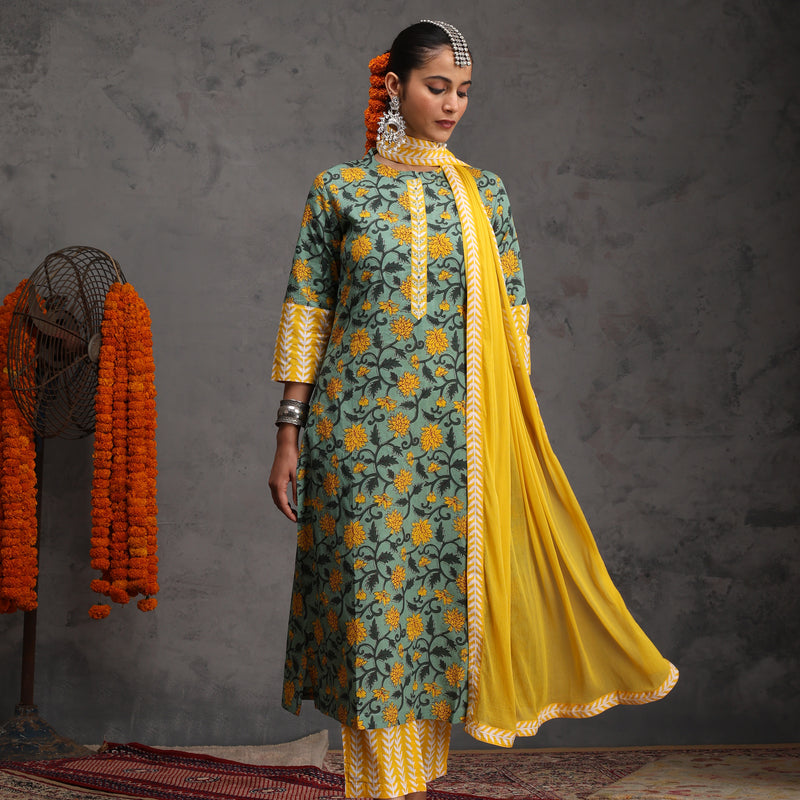 Women Cotton Kurta Palazzo Dupatta Set - Green - Khushal K - Image 1