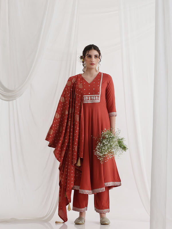 Khushal K Ethnic Motifs Rust  Anarkali Sequinned Kurta set