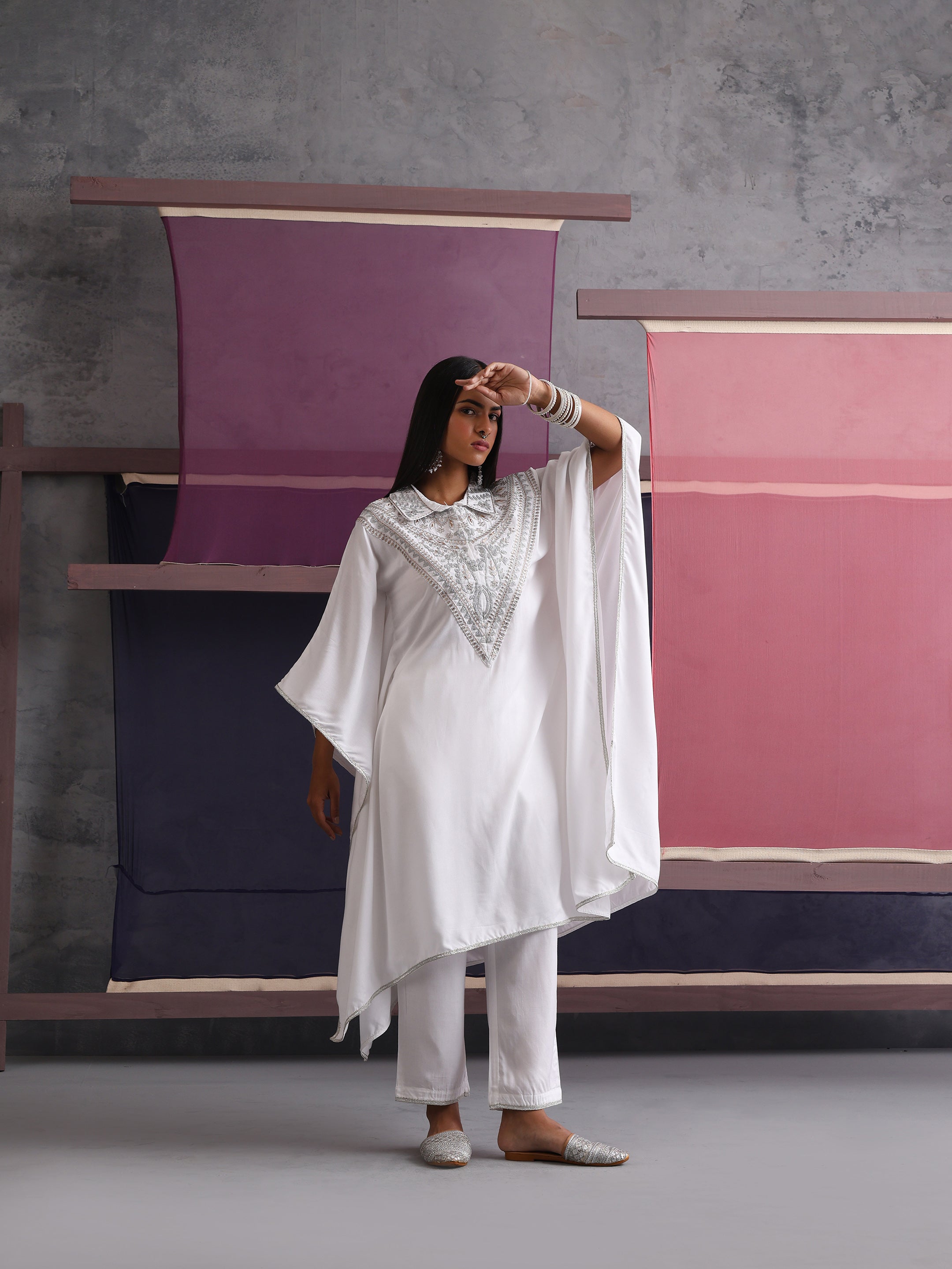 Khushal K Women Embroidered Collar White Kaftan set