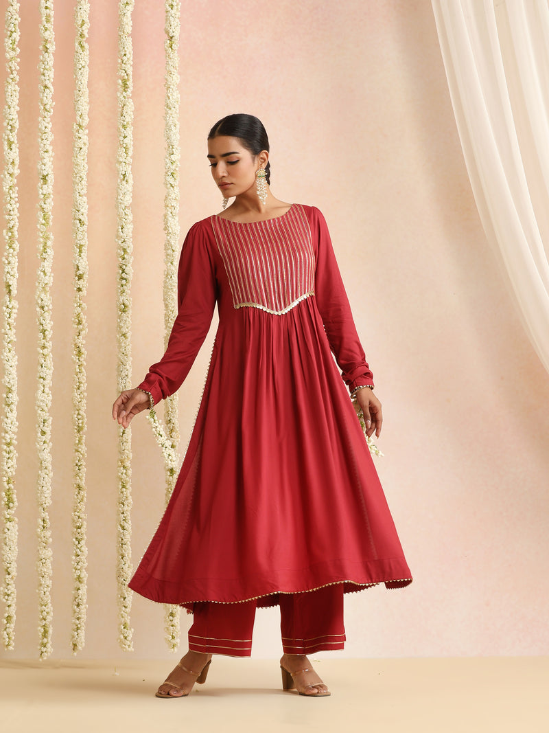 Ethnic Motifs Woven Design Thread Work A-Line Kurta With Palazzos