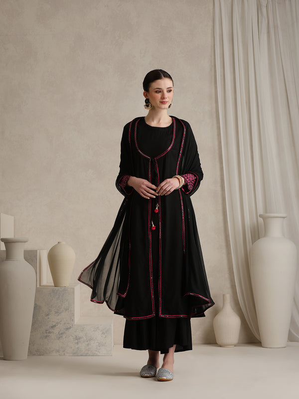 Geometric Embellished Mirror Work A-Line Kurta With Sharara & Dupatta