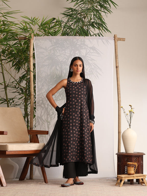 Khushal K Women Cotton kurta and palazzo with dupatta set - Black