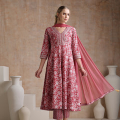 Floral Printed V Neck A Line Pure Cotton Kurta With Trousers & Dupatta