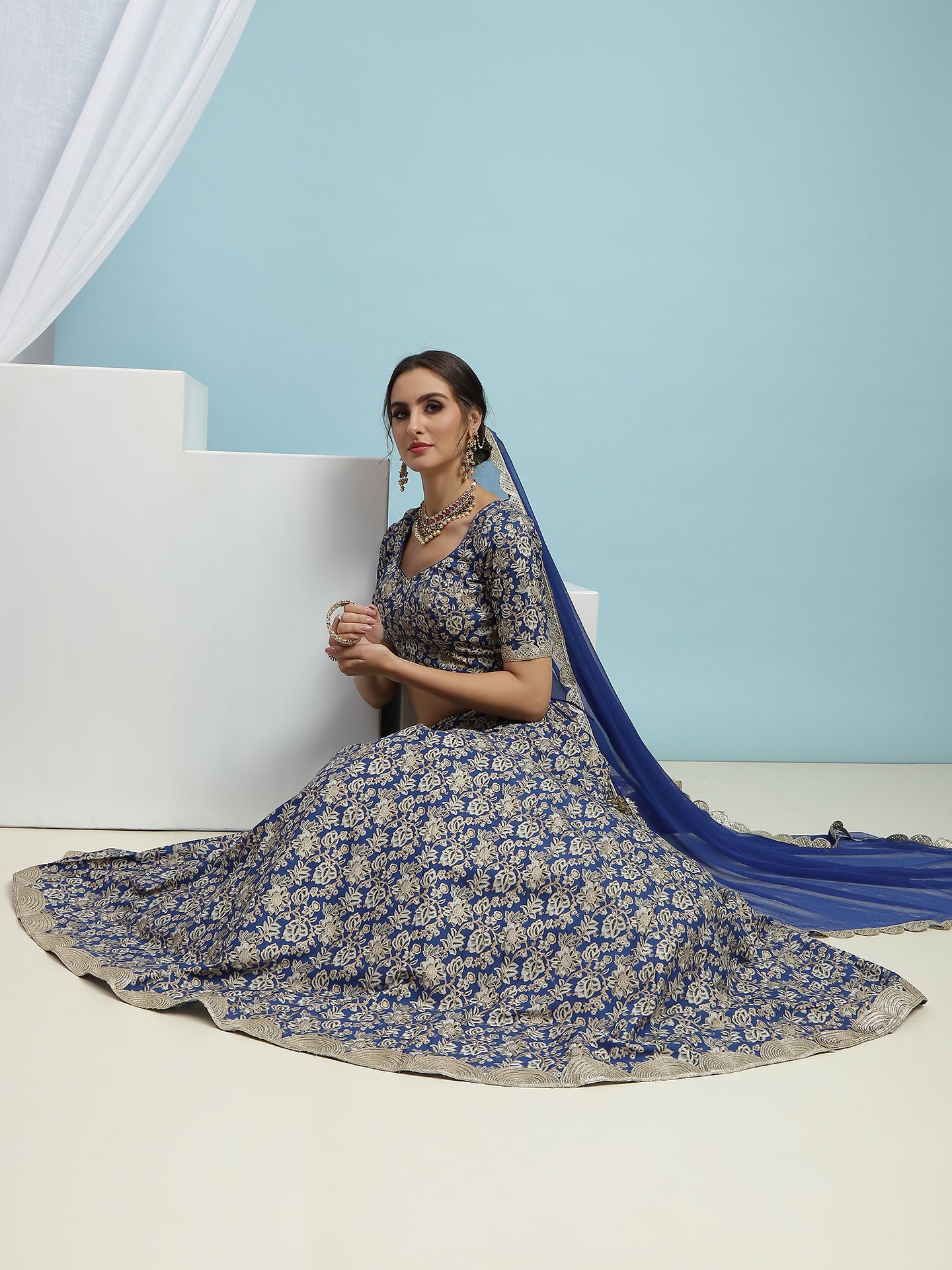Printed V-Neck Ready to Wear Lehenga & Blouse With Dupatta