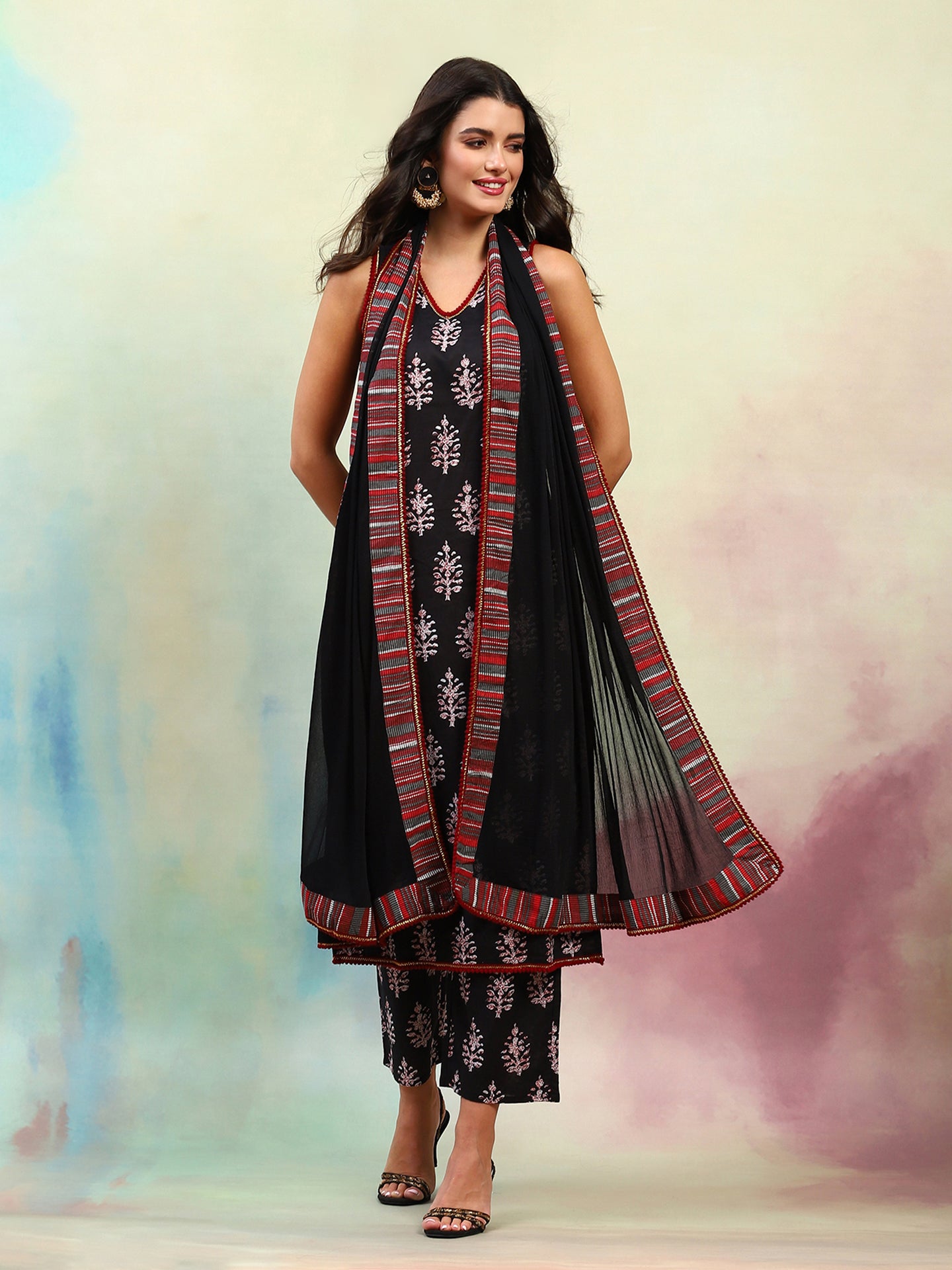 Ethnic Motifs Printed Regular Pure Cotton Straight Kurta with Palazzos & Dupatta