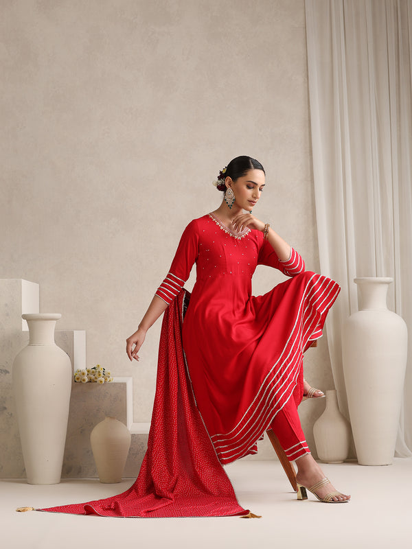 Khushal K  Red v-Neck Anarkali Rayon Kurta kurta set