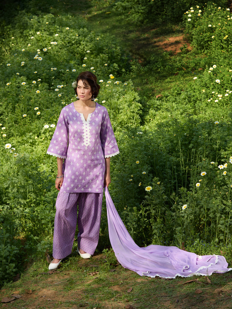 Khushal K Women Printed Regular Pure Cotton purple Kurta & Palazzo With Dupatta