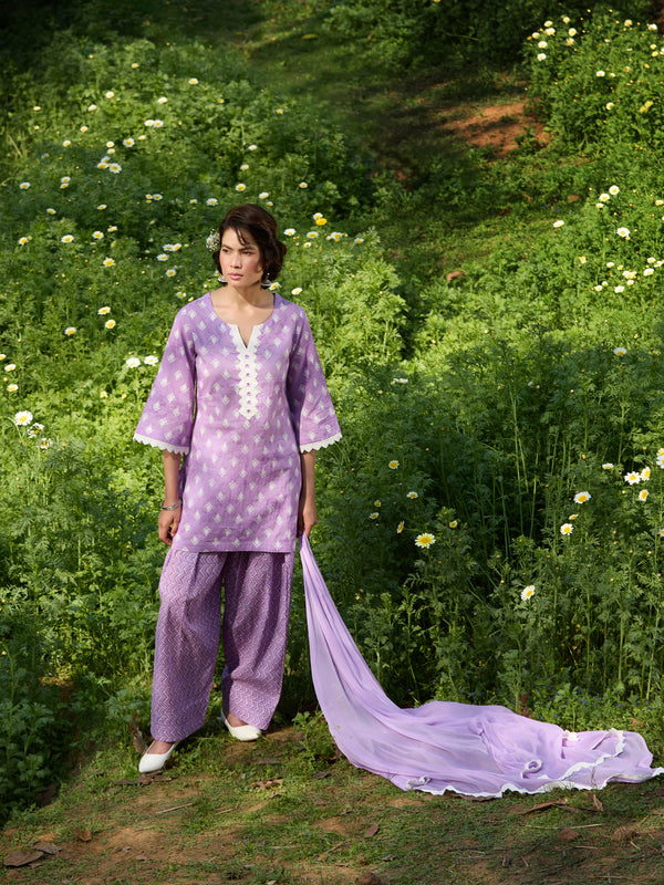 Khushal K Women Printed Regular Pure Cotton purple Kurta & Palazzo With Dupatta