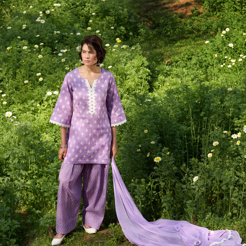 Women Printed Regular Pure Cotton Purple Kurta & Palazzo with Dupatta - Khushal K - Image 1