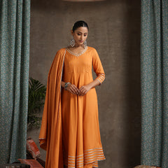 Floral Embroidered V-Neck Thread Work A-Line Kurta With Trousers And Dupatta