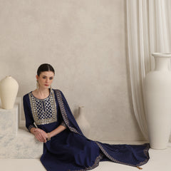 Floral Embroidered Sequinned Round Neck Anarkali Kurta With Palazzos & Dupatta