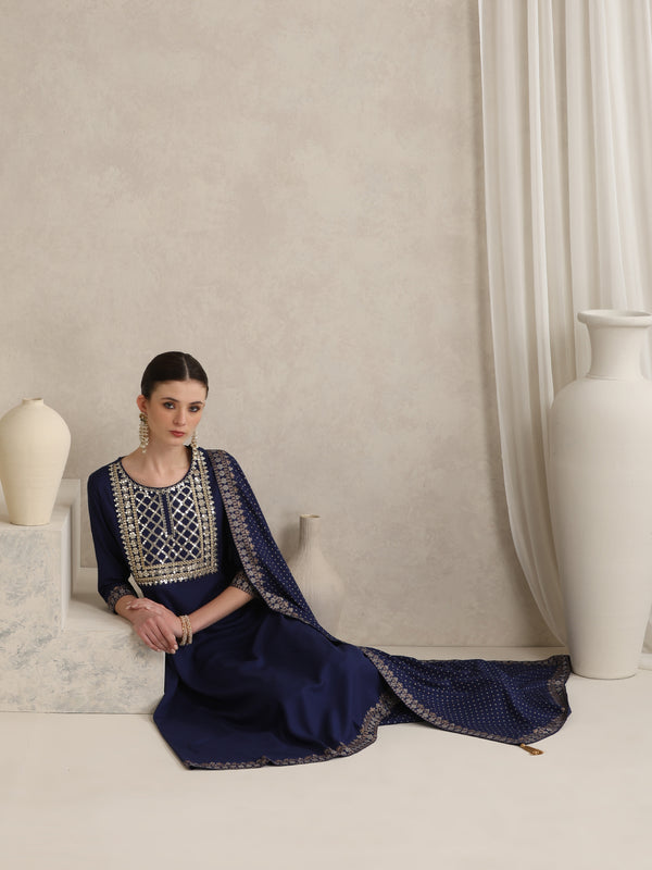 Floral Embroidered Sequinned Round Neck Anarkali Kurta With Palazzos & Dupatta