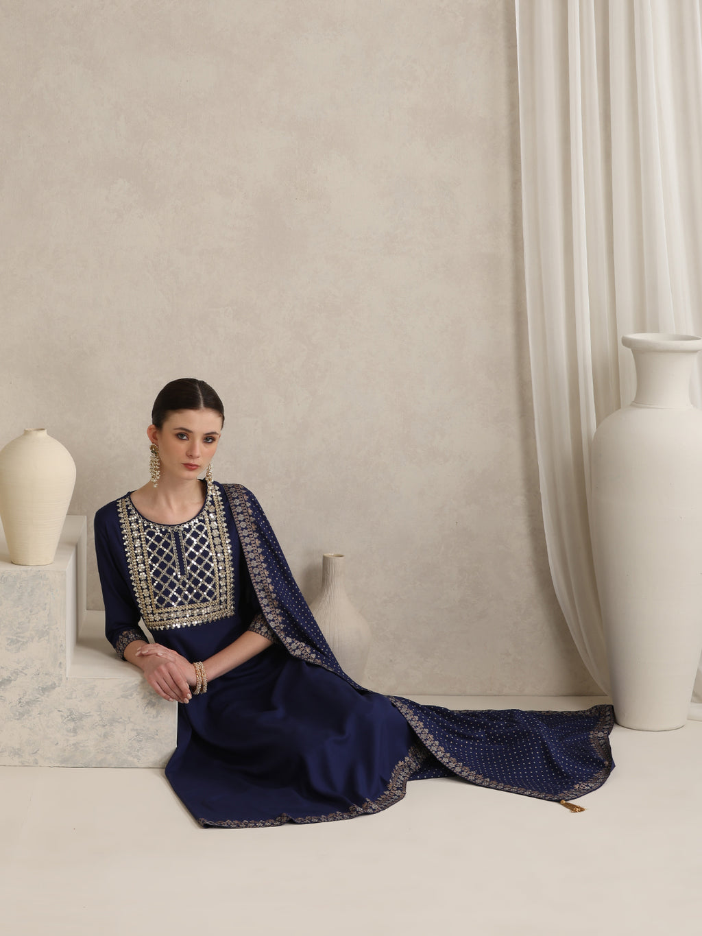 Floral Embroidered Sequinned Round Neck Anarkali Kurta With Palazzos & Dupatta