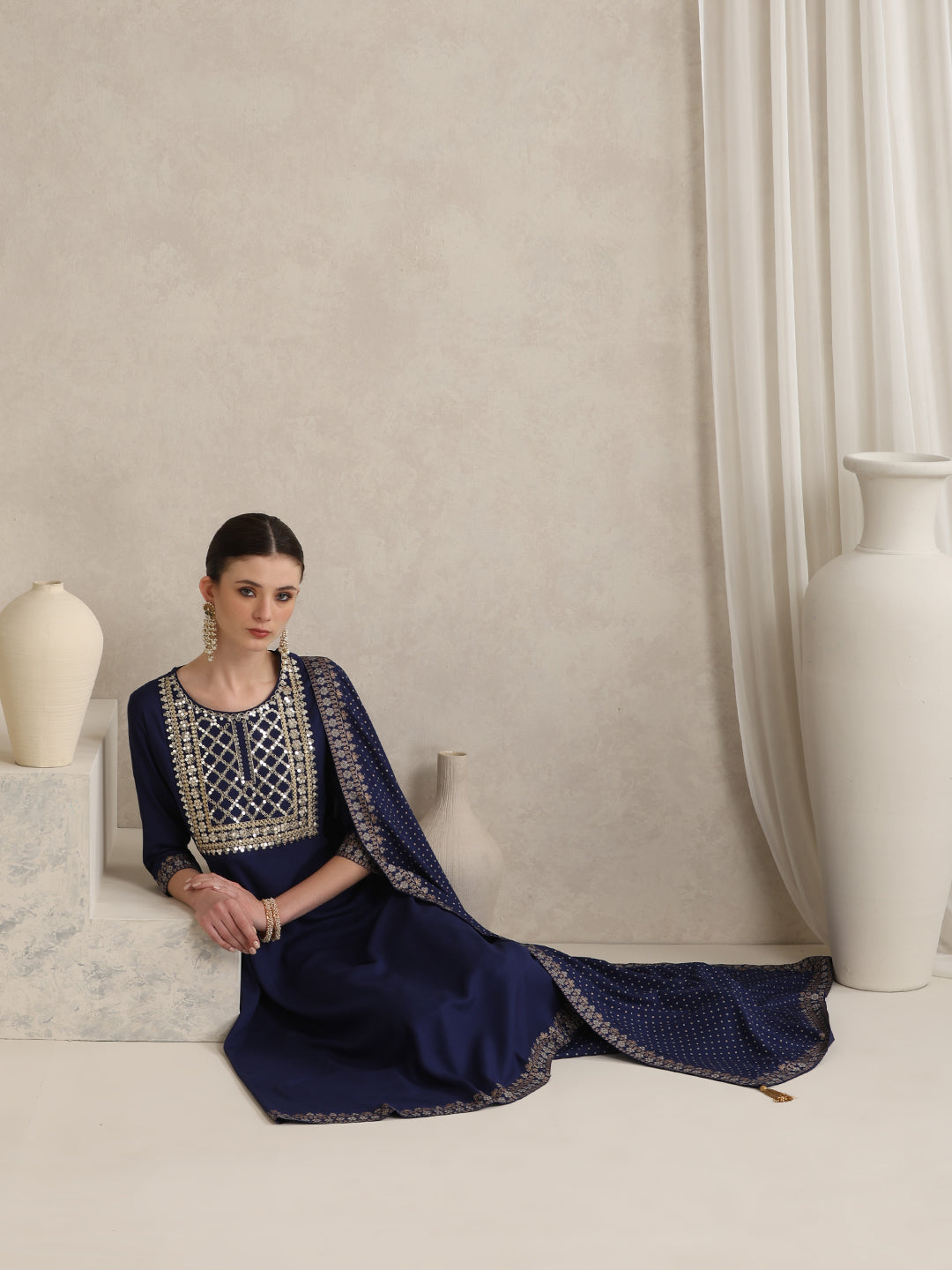 Floral Embroidered Sequinned Round Neck Anarkali Kurta With Palazzos & Dupatta