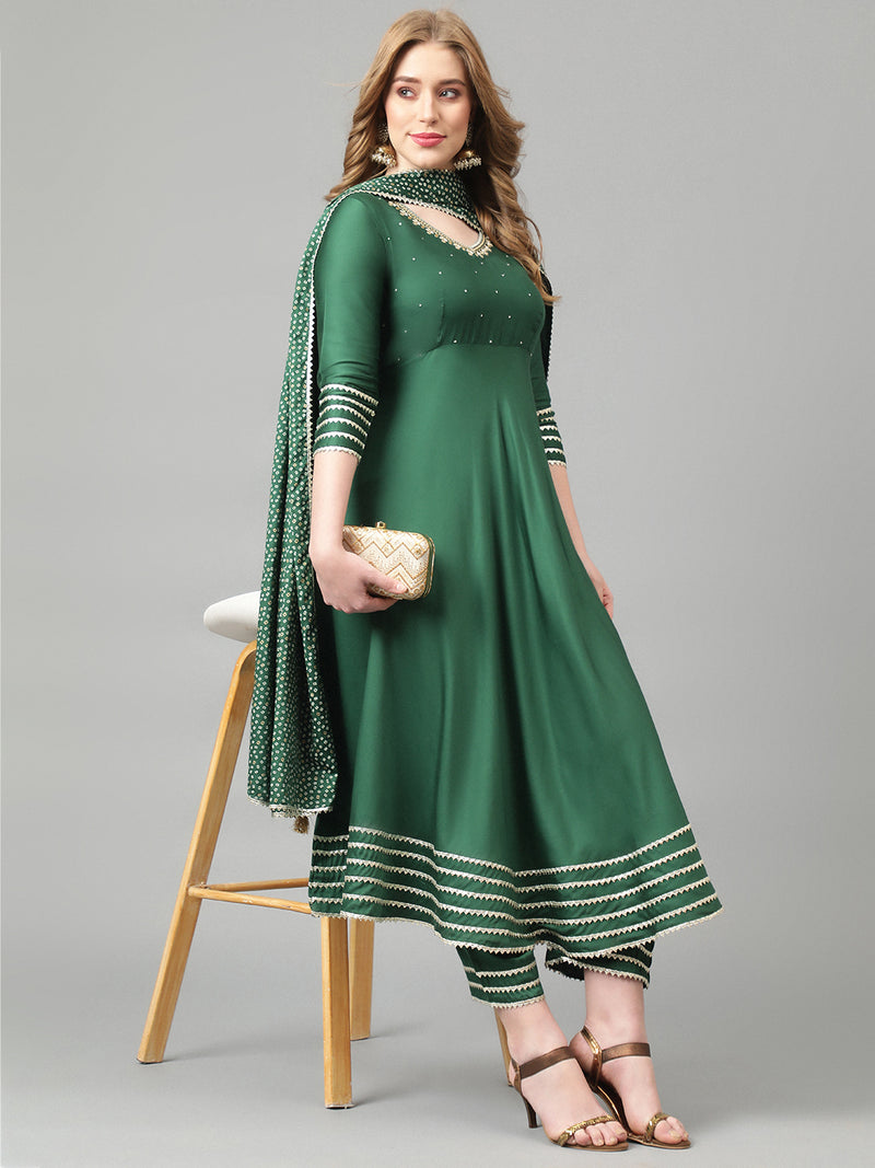 Green solid Kurta with Trousers with dupatta