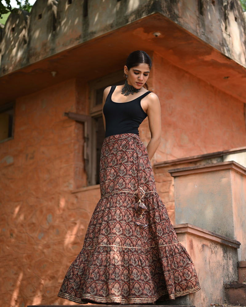 Khushal K Women's Brown Printed Cotton Flared Maxi Skirt