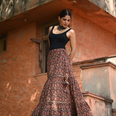 Khushal K Women's Brown Printed Cotton Flared Maxi Skirt