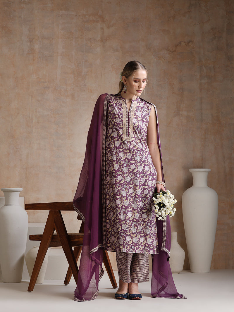 Women Floral Printed Cotton Kurta with Palazzos & Dupatta