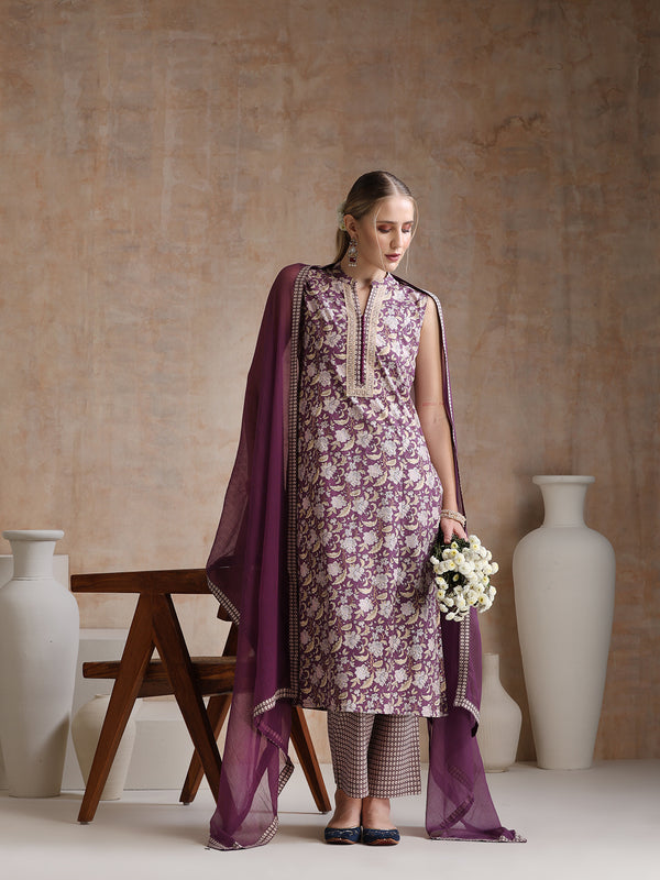 Women Floral Printed Cotton Kurta with Palazzos & Dupatta