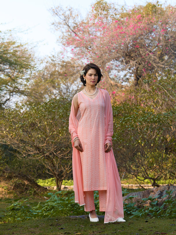 Khushal K Women Printed Regular Pure Cotton peach Kurta & Palazzo With Dupatta