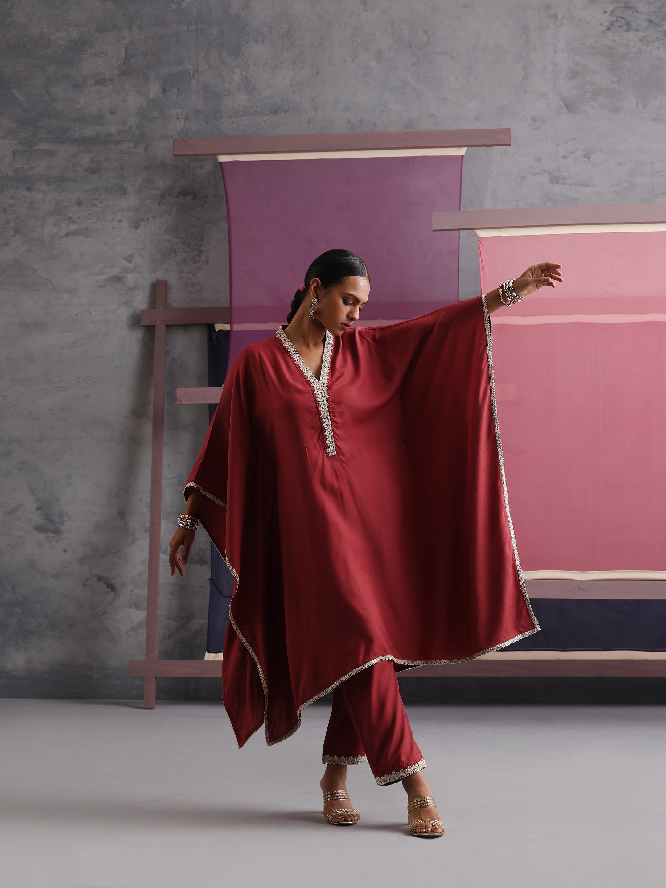 Khushal K Women V-Neck-line Rust Kaftan set