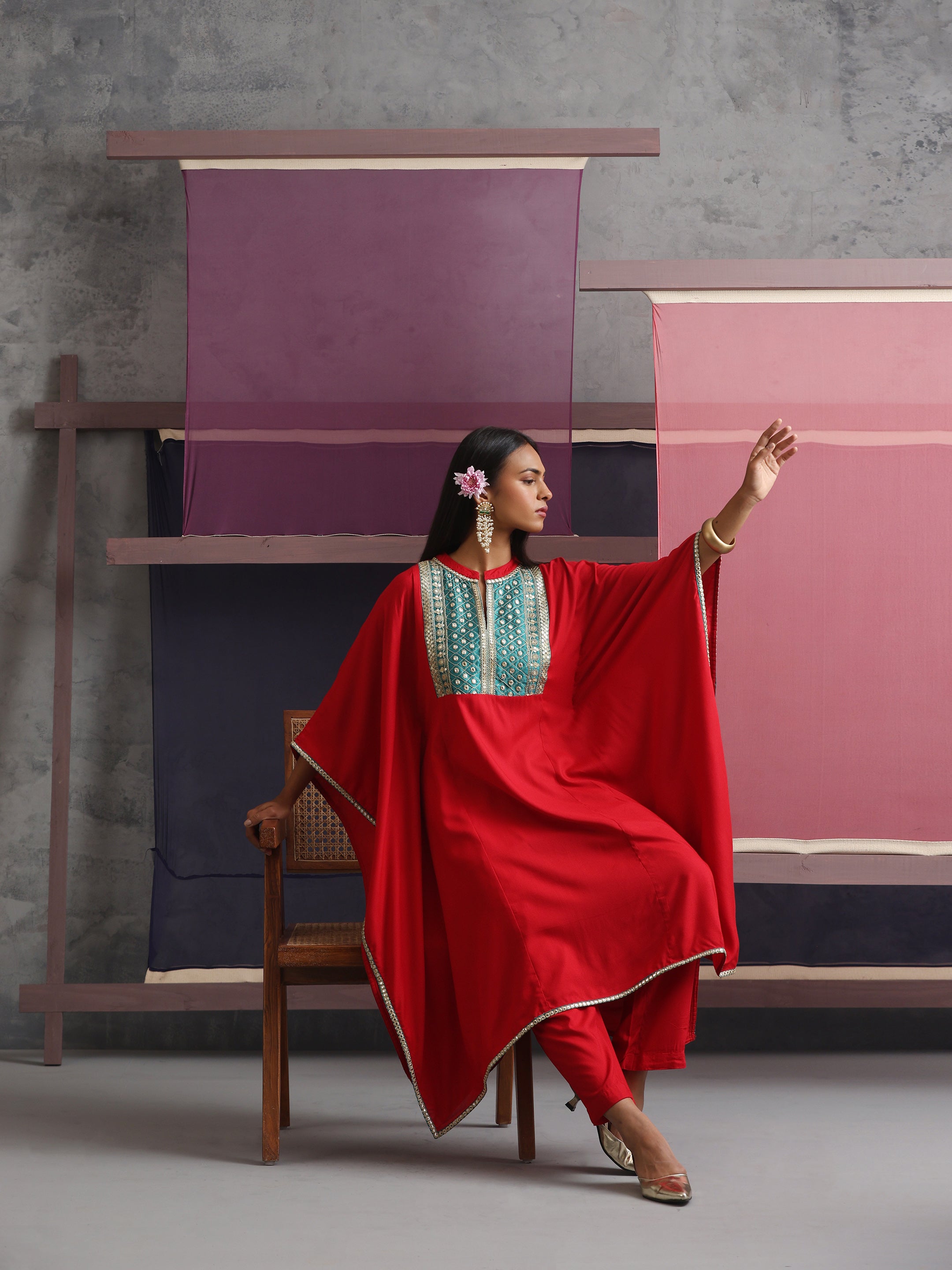 Khushal K Women Embroidered mirror work Red Kaftan set