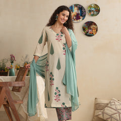 Khushal K Women Floral Printed Regular Pure Cotton Off-White Kurta & Palazzo With Dupatta