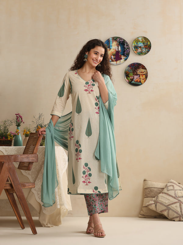 Khushal K Women Floral Printed Regular Pure Cotton Off-White Kurta & Palazzo With Dupatta