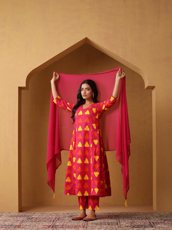 Khushal K Geometric Printed V-Neck Pure Cotton A-Line Kurta set