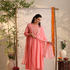 Khushal K Women Cotton Kurta and Palazzo With Dupatta Set - Pink